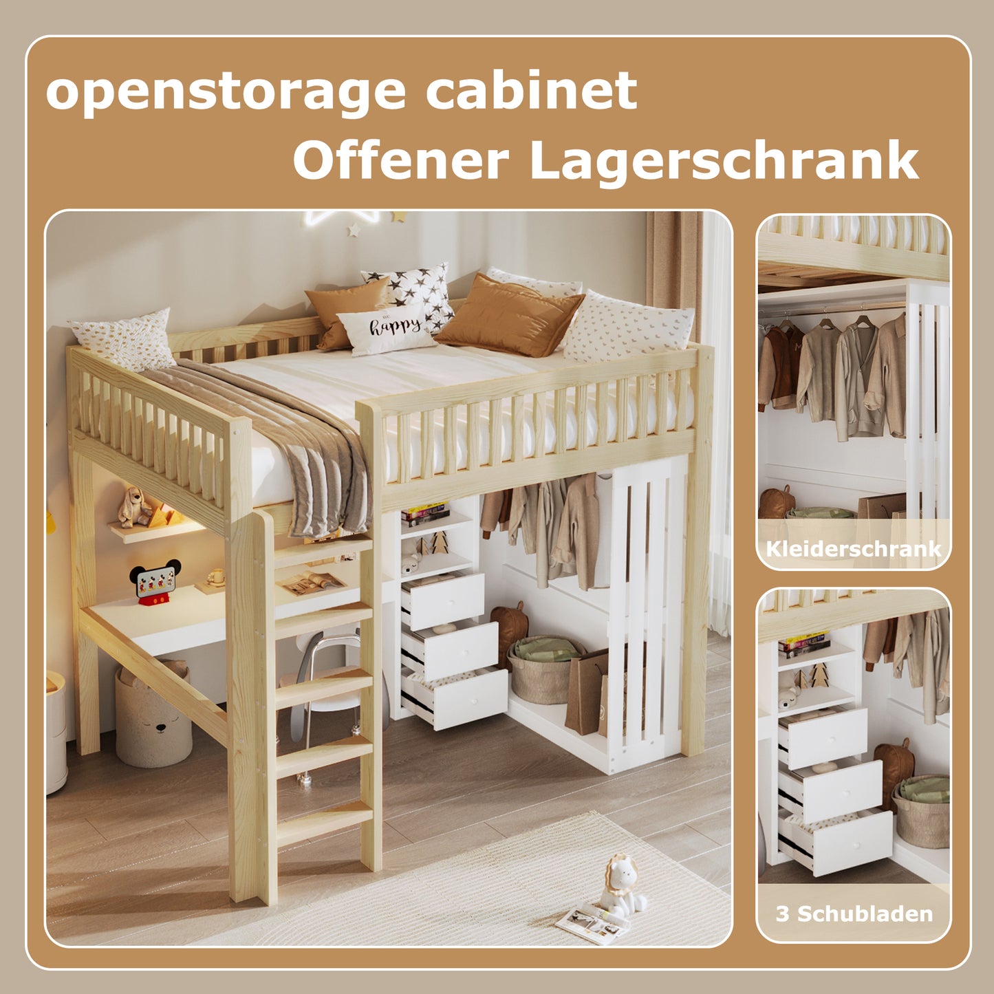 Loft Bed, 140x200cm , Desk, Wardrobe, 3 Drawers, Open Storage Space, Railing, Stairs, Without Mattress, Natural