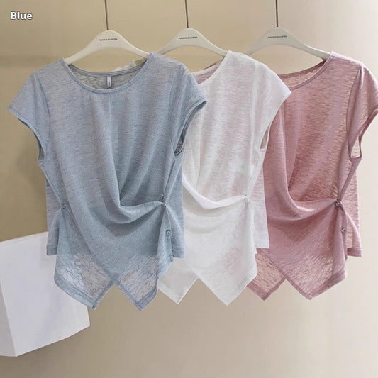 Korean-style Buttoned Crossover Hem Short-sleeve T-shirt