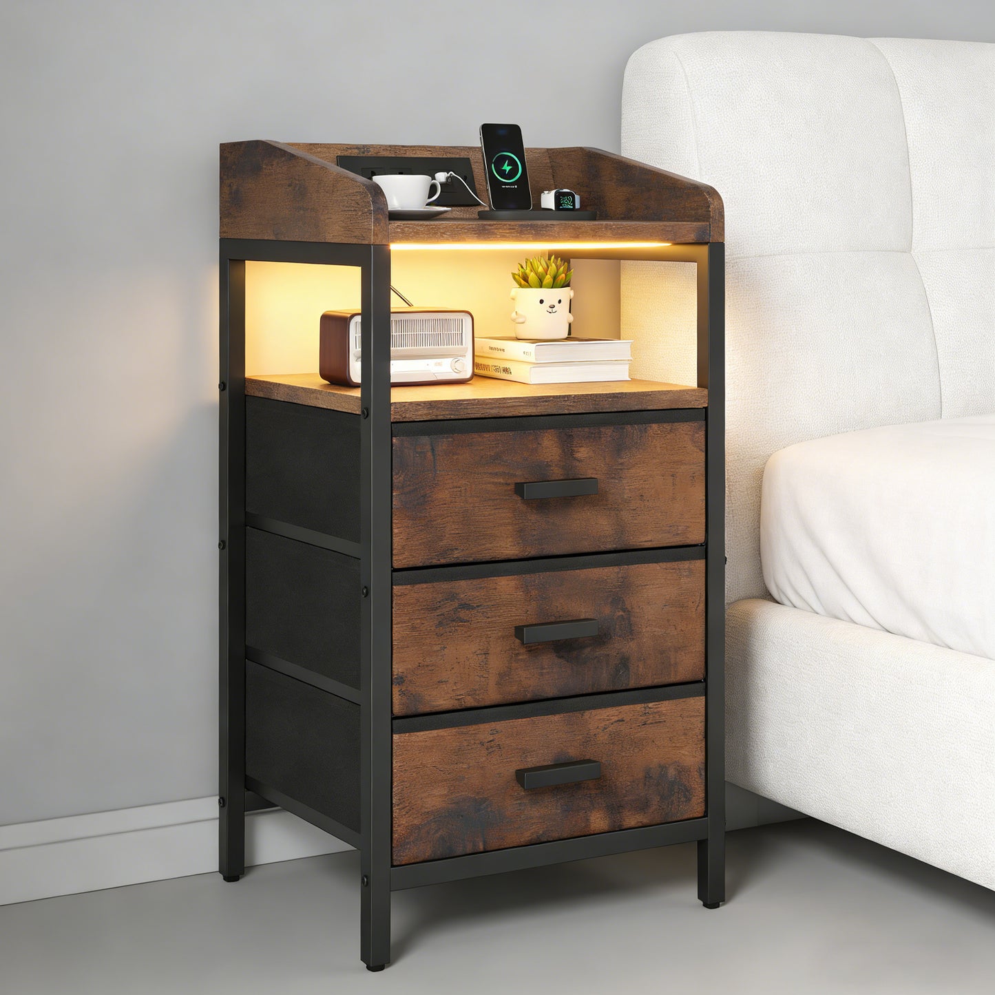 2pcs Nightstand Vintage Bed Side Table With 2 USB Ports 2 Outlets 3 Fabric Drawers Remote Control Light Strips For Home Bedroom
