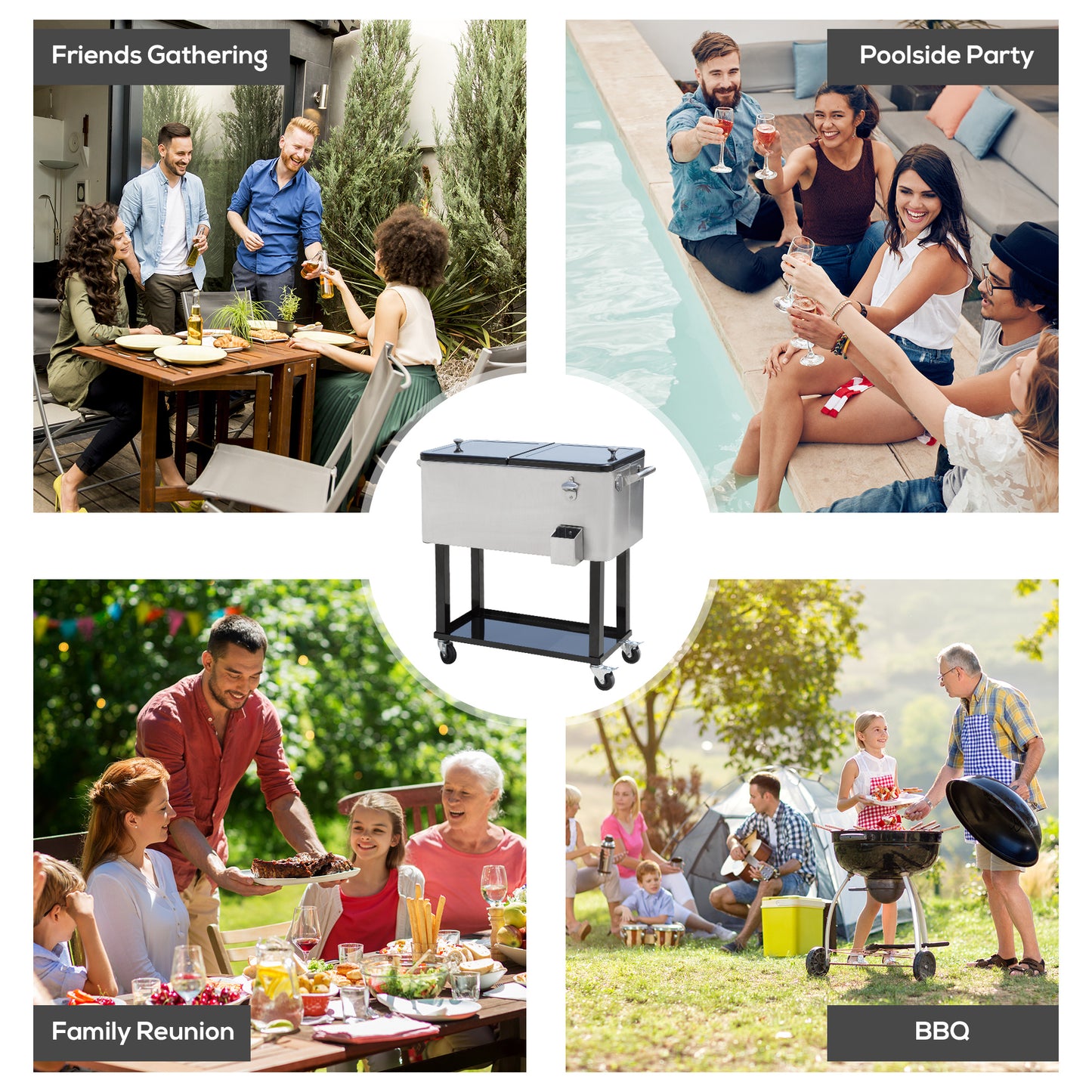 80 QT Rolling Cooling Bins Ice Chest on Wheels Outdoor Stand Up Drink Cooler Cart for Party, Silver