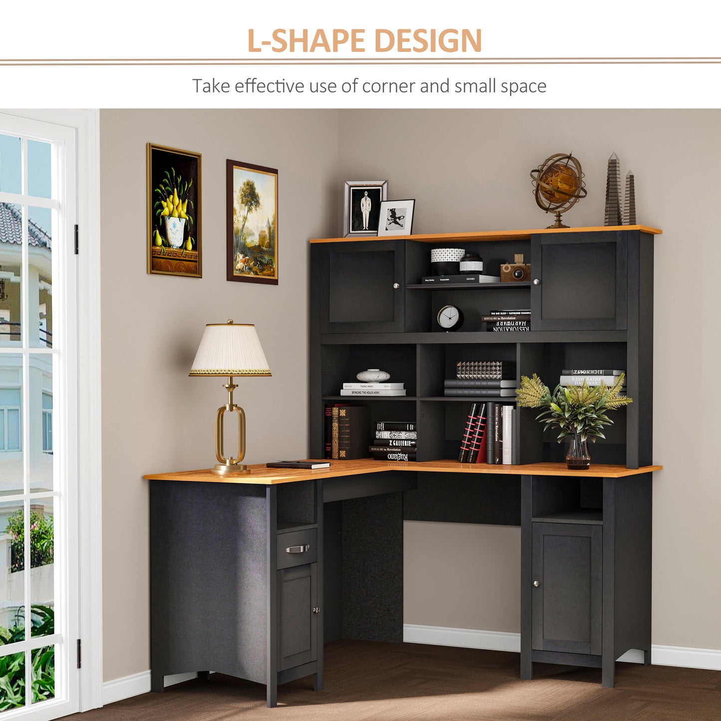 L Shaped Computer Desk with Hutch, 59" Corner Desk, Space Saving Home Office Desk with Storage Shelves, Drawer and Cabinet, Black