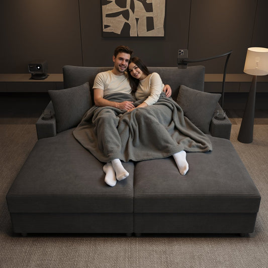 Double Sofa Bed With Sleeping Function, Padded Lying Surface, Mobile Phone Holder, USB Port And Cup Holder. Suitable For Living Room, Bedroom Or Home Theater. Gray.