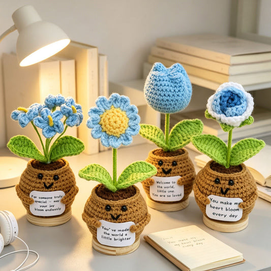 Handmade Crochet Potted Flower, Assorted Cute  Pot Flowers With Warm Message Cards, Soft Yarn Everlasting Crochet Floral Pot Ornament, Indoor Home Tabletop Decorative Ornament