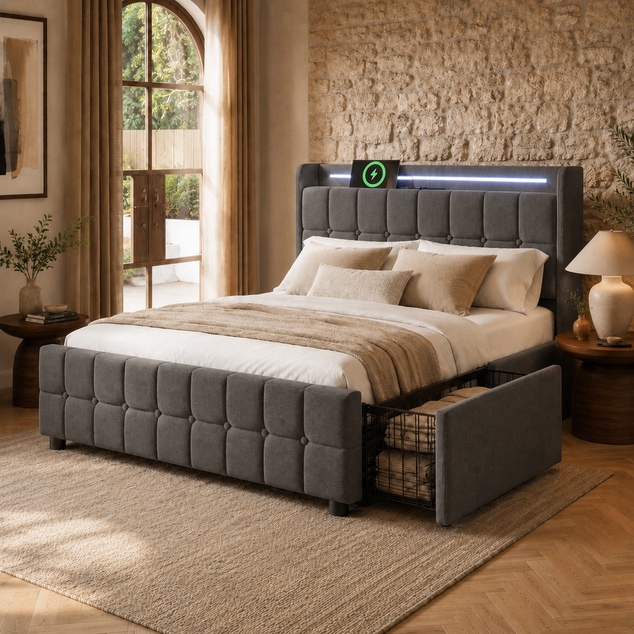 Upholstered Bed With Charging, USB Charging Function, Headboard And LED Lighting And 4 Drawers, Double Bed 180x200cm, Storage Beds, Bed Frame, Wooden Slatted Base, Grey Without Mattress