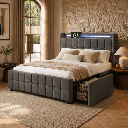 Upholstered Bed With Charging, USB Charging Function, Headboard And LED Lighting And 4 Drawers, Double Bed 180x200cm, Storage Beds, Bed Frame, Wooden Slatted Base, Grey Without Mattress