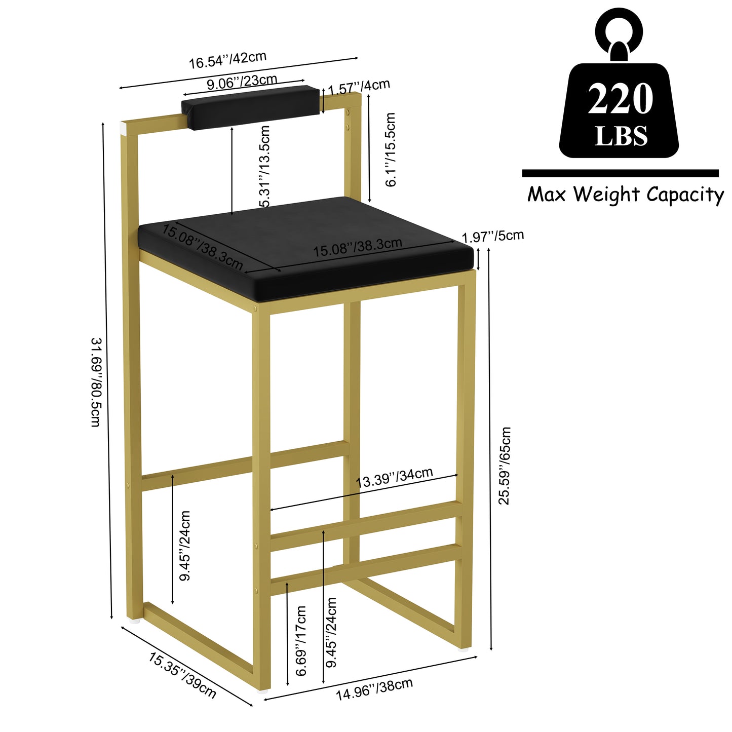 Modern Velvet Counter Height Bar Stools With Low Backrest Set Of 2 Upholstered Dining Stools For Kitchen Island  Gold & Black