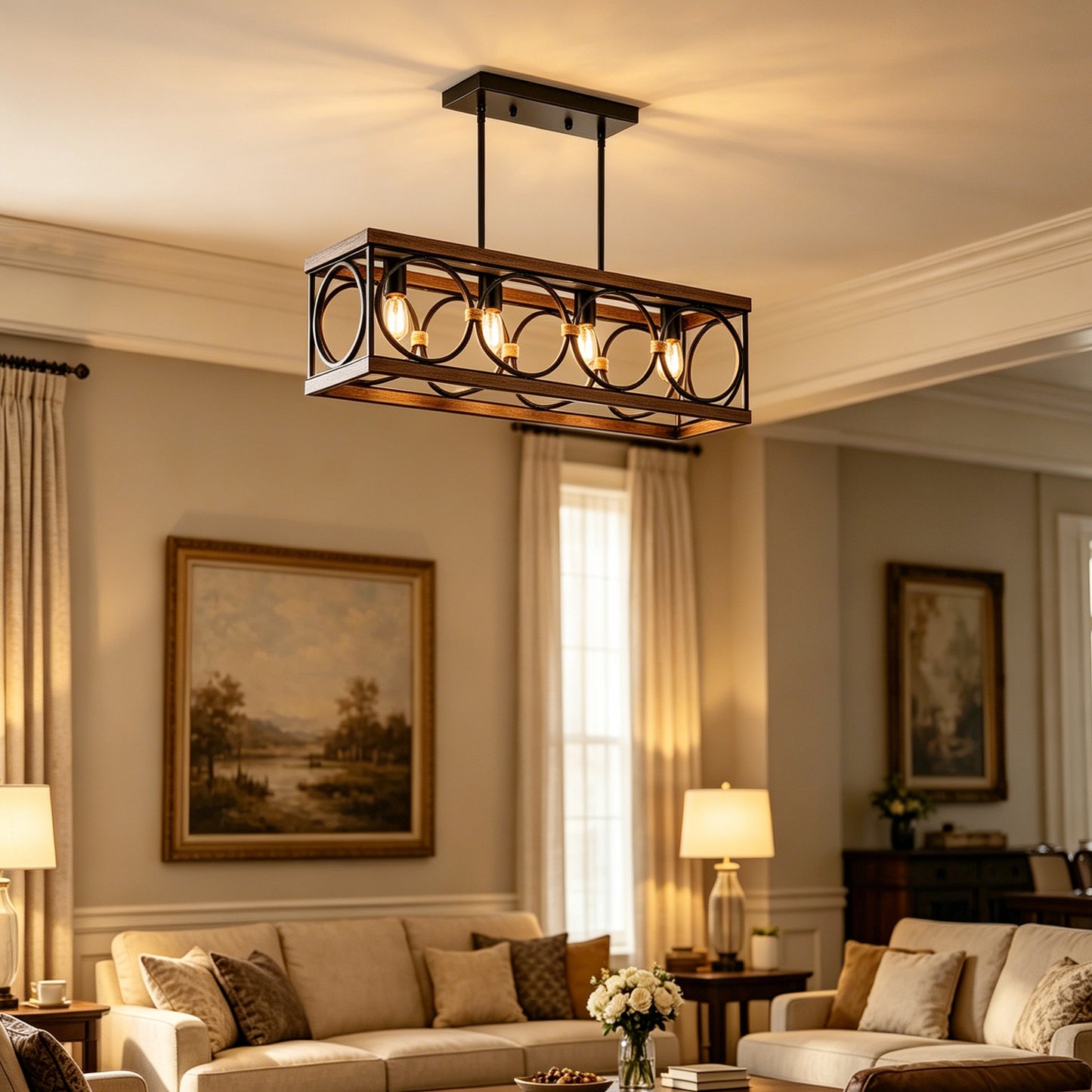 4-Light  Bulb NO Included Farmhouse Rectangle Pendant Light,31.6  Nature Wood Texture Vintage Rustic Chandeliers Black Metal Industrial Hanging Light Fixtures For Kitchen, Entryway, Dining Room