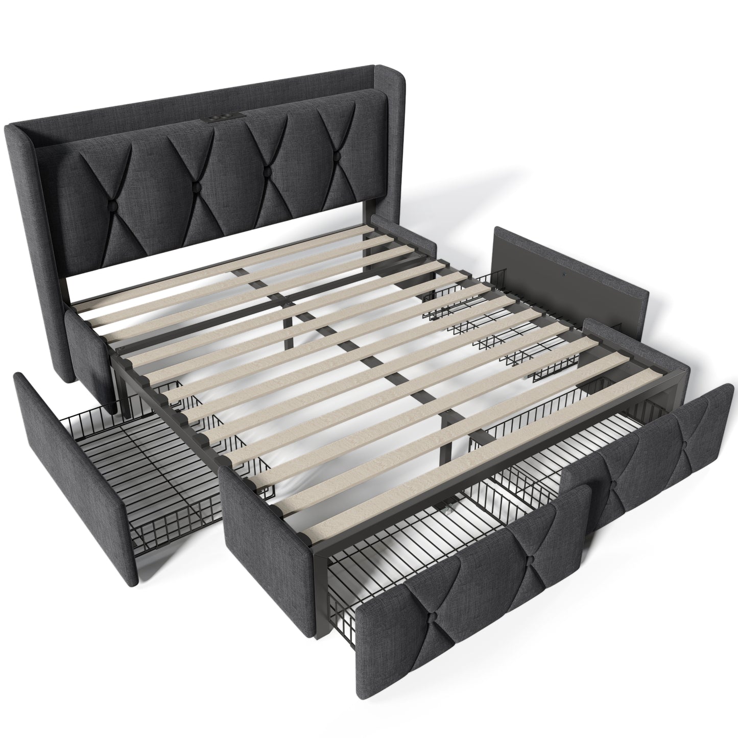 Upholstered Bed With Charging, USB Charging Function, Headboard And 4 Drawers, Double Bed 160x200cm, Storage Beds, Bed Frame, Wooden Slatted Base, Grey Without Mattress