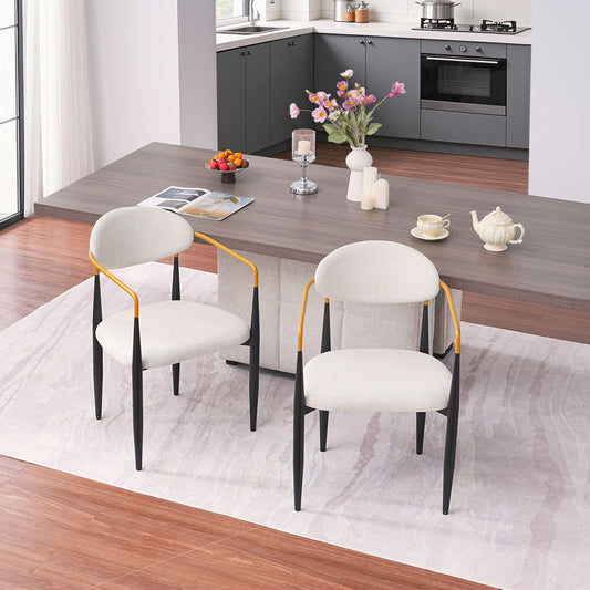 Modern Upholstered Dining Chair With Gold-Accented Armrests - 22W X 21D X 30H, Ergonomic Design For Home Dining Room Or Office Use,Set Of 2 - Beige Fabric Seat & Black Metal Frame
