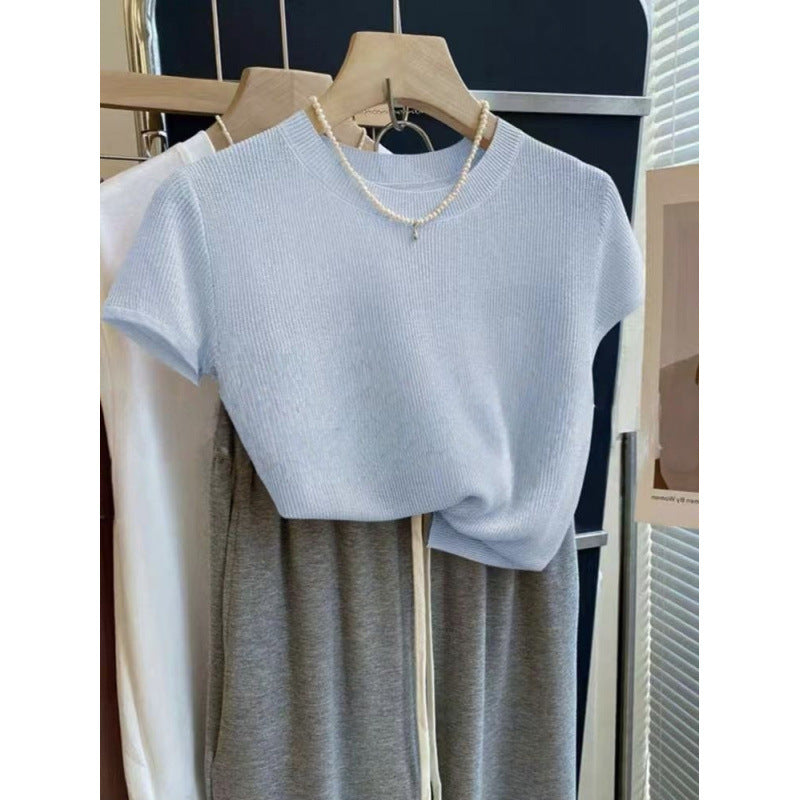 Korean-style Elegant Round-neck Minimalist Knitted Short-sleeve Top For Women