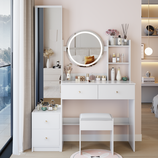 Full Body Mirror Cabinet   Round Mirror LED Vanity Table   Cushioned Stool, 17  Diameter LED Mirror, Touch Control, 3-color, Brightness Adjustable, Large Desktop, Multi-layer High Capacity Storage