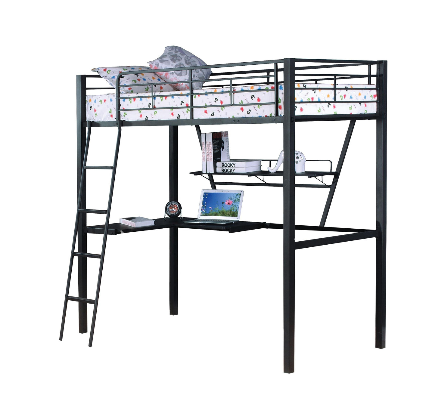 Senon Silver & Black Finish Twin Loft Bed W Desk