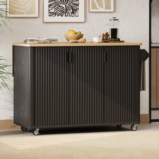 K&K 51   Fluted Kitchen Island With Drop Leaf, Farmhouse Accent Kitchen Island On Wheels With Internal Storage Rack, Rolling Kitchen Cart With Towel Rack For Kitchen, Dining Room, Black Ash