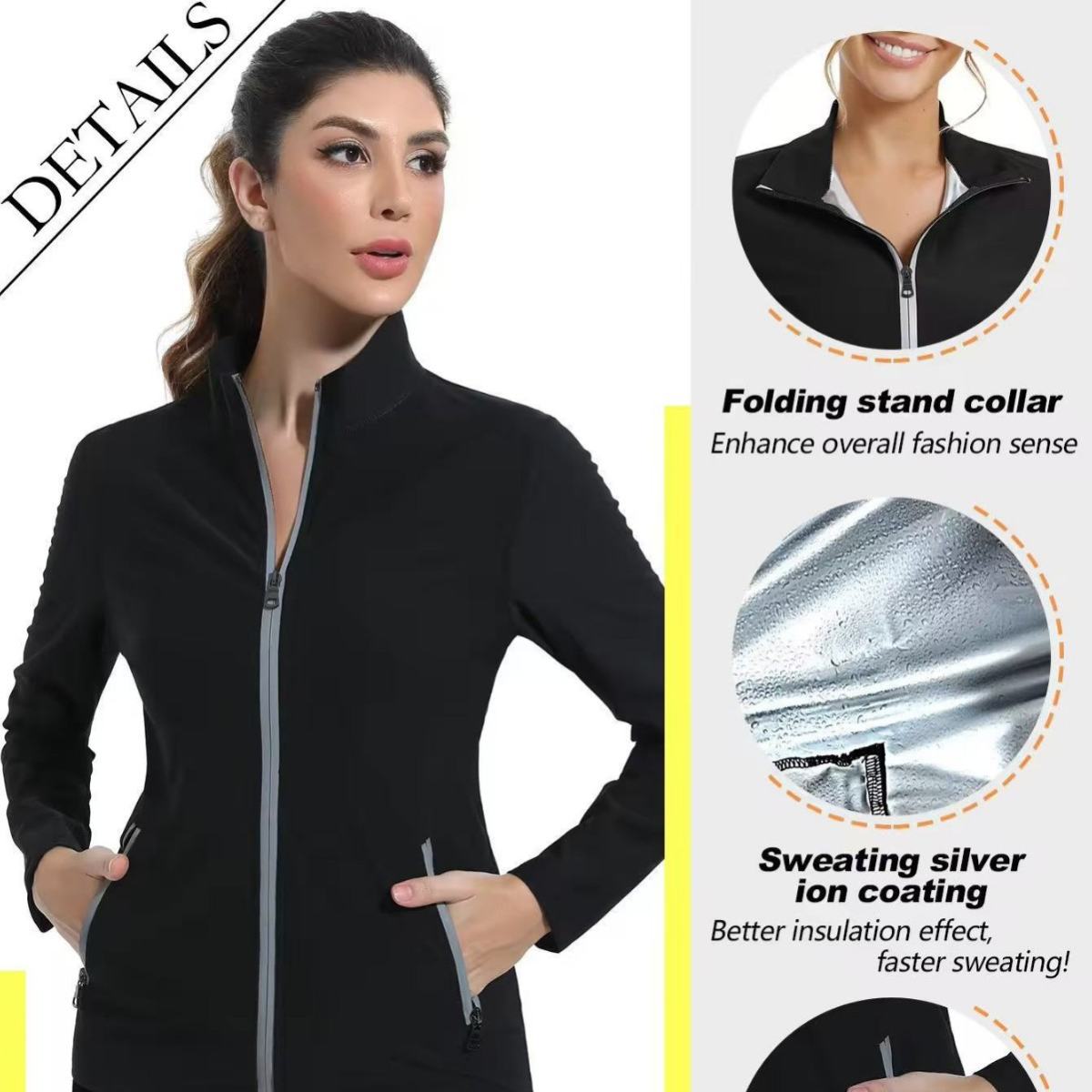 Womens Fitness Sweaty Workout Suit With Silver-Coated Stand Collar Cardigan