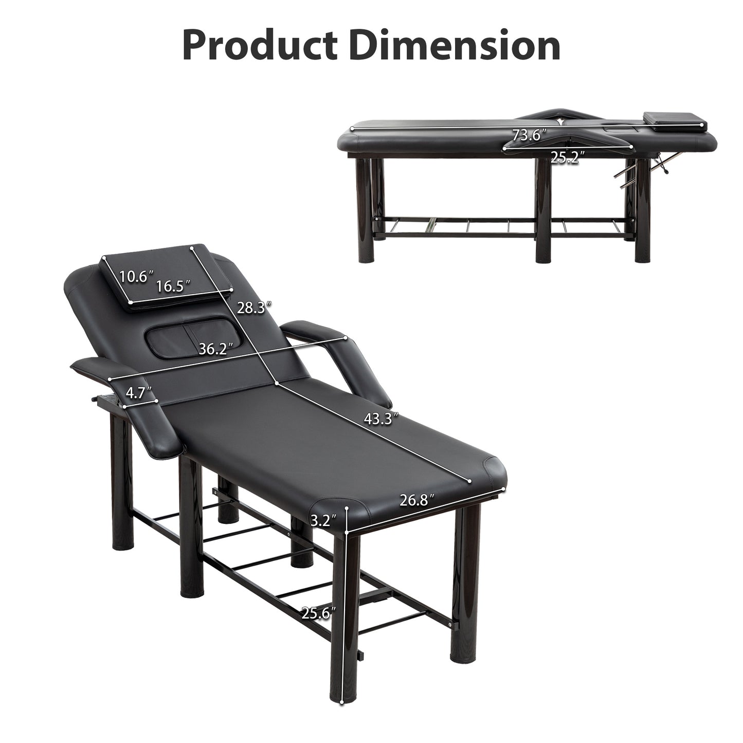 Professional Black Beauty Bed With Removable Headrest & Breast Cushions, Armrests And Storage Shelf For Massage, Facial, Tattoo & Spa