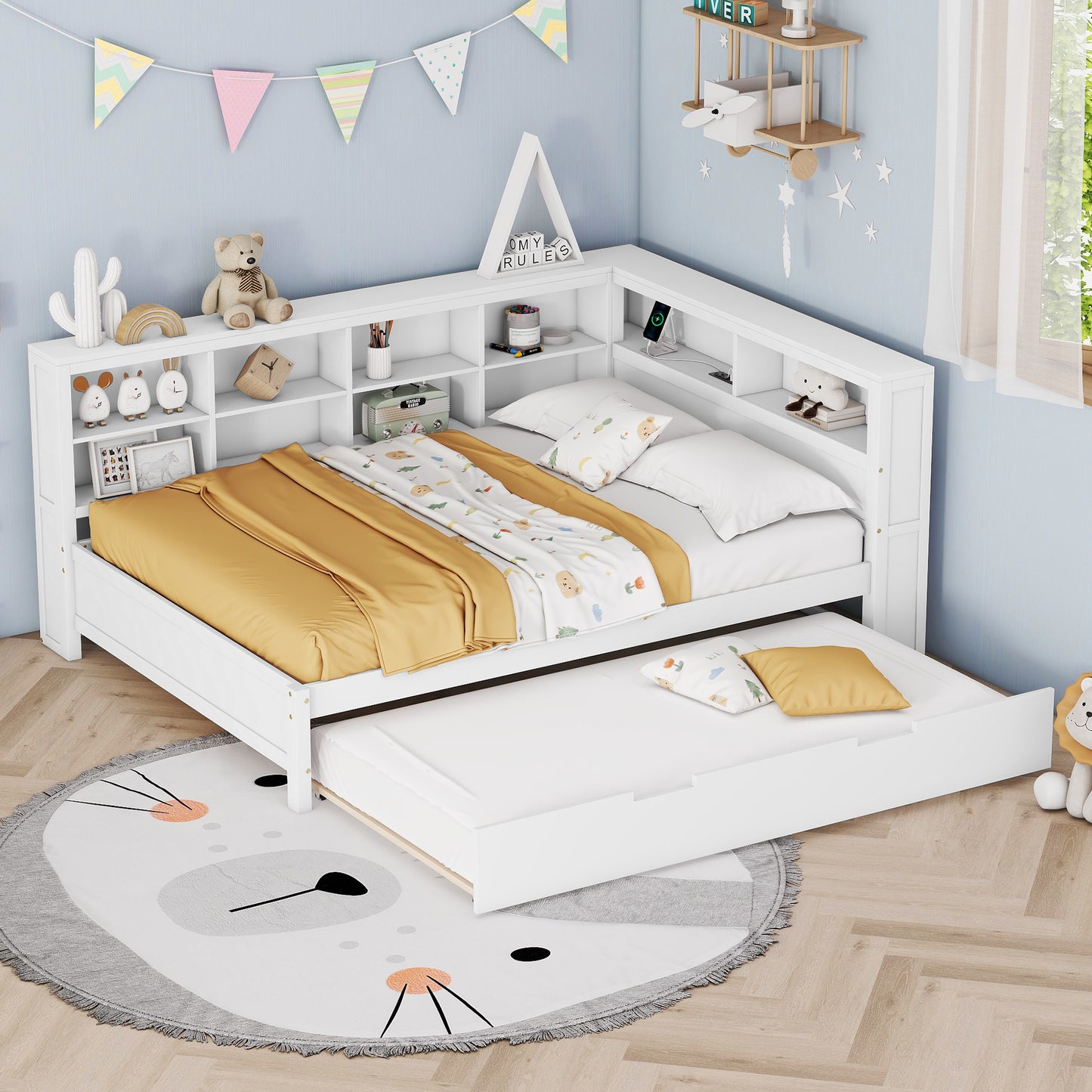 Wooden Full Size DayBed With Twin Size Trundle, DayBed With Storage Shelf And USB Charging Ports,White