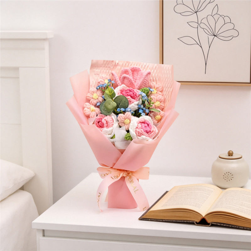 Handmade Knitted Crochet Bouquet, Pink Rose Tulip With Forget Me Not, Everlasting Artificial Yarn Flowers For Home Table Decor And Gift