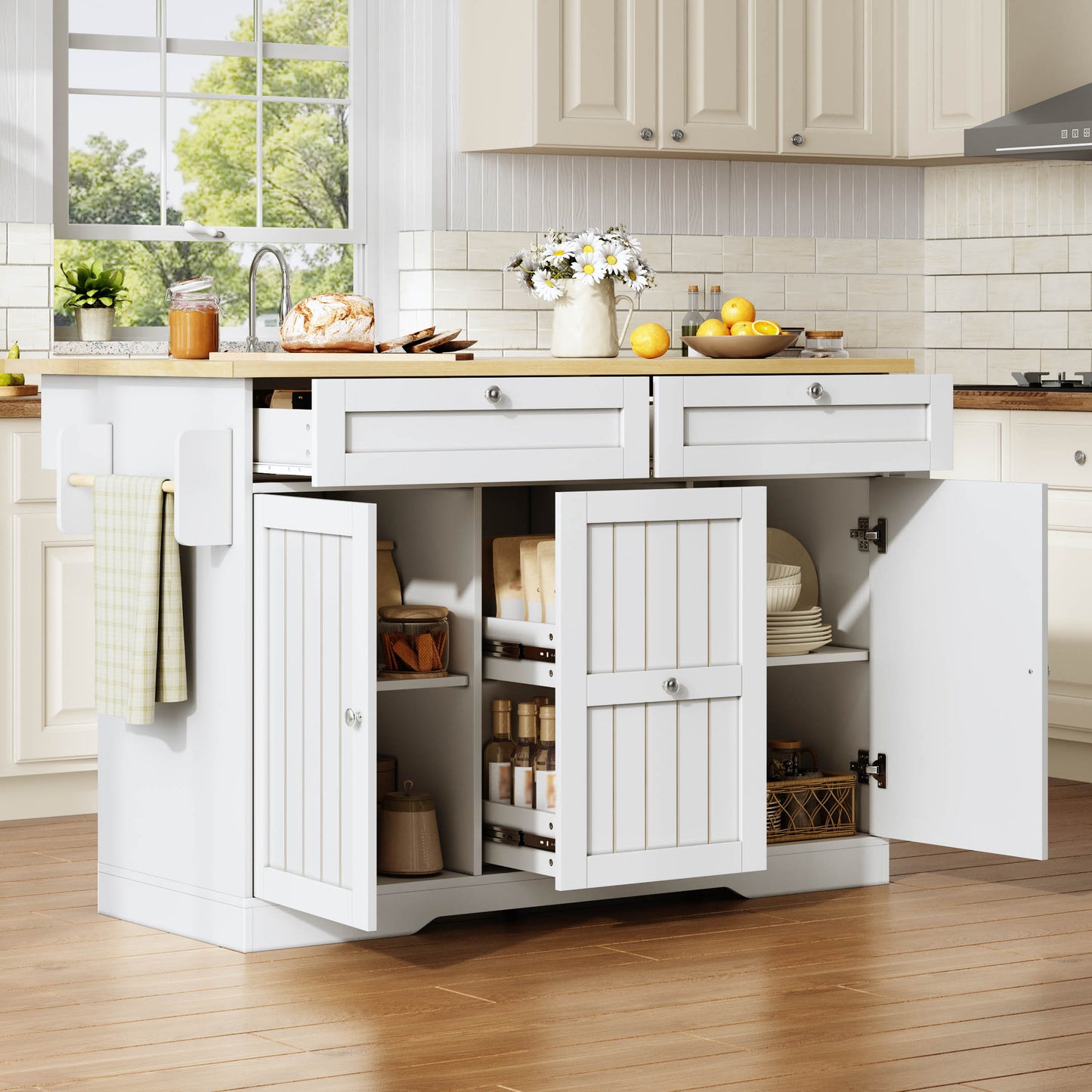 Mobile Kitchen Island With Folding Worktop, Serving Trolley And Storage Cabinet, With 2-tier Vertical Drawers, 2 Large Drawers And Lockable Casters, 120 X45x92 Cm.