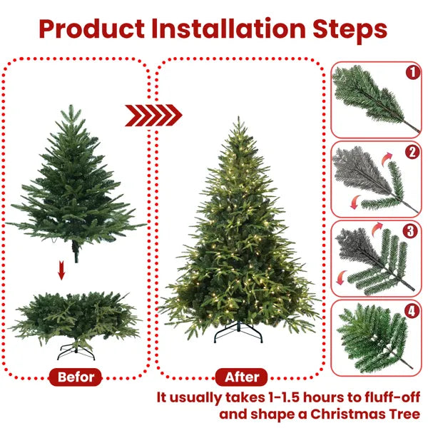 Artificial 6.5ft Green Christmas Tree With 2225 PE/PVC Mixed Branch Tips, 450L Warm White Led, Steel Wire, Hinged Premium & Foldable Base For Indoor Holiday Decorating