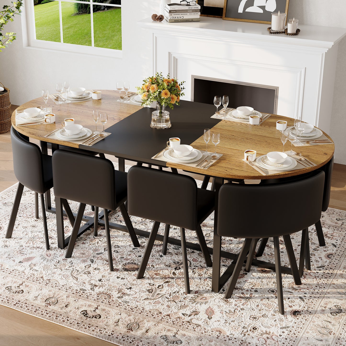 9-Piece Oval Dining Table Set, Fixed Two-Tone Wood Grain & Black Wood Grain Triamine Tabletop With 8 Black PU Leather Chairs, Modern Kitchen Table Set For 8 People, Ideal For Family Gatherings