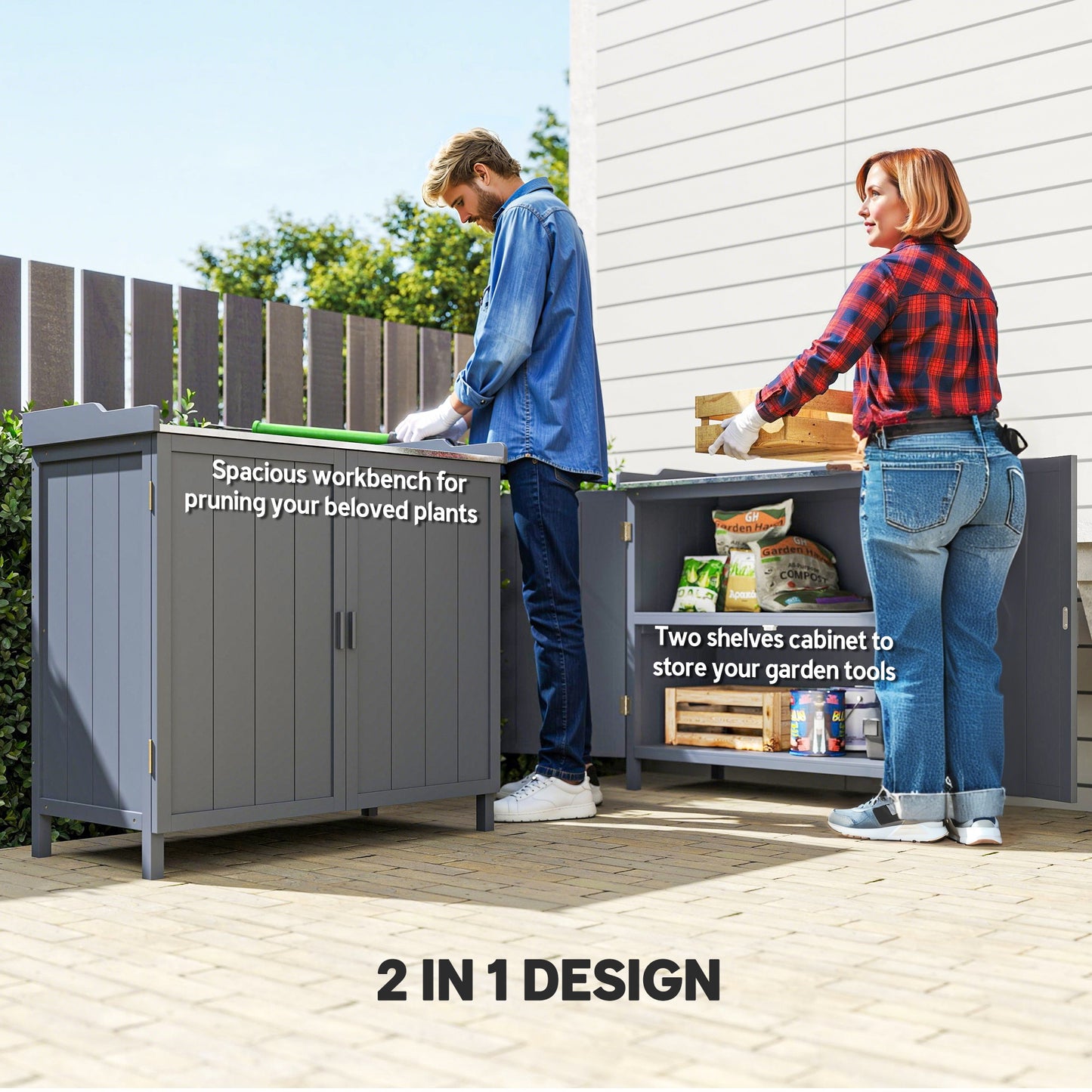 Wood Garden Storage Cabinet, Outdoor Tool Shed, Potting Bench Table With Galvanized Top And Two Shelves For Yard Tools Or Pool Accessories, Grey