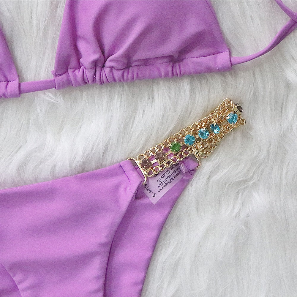 Metal Accessories Rhinestone Pure Color Bikini Women