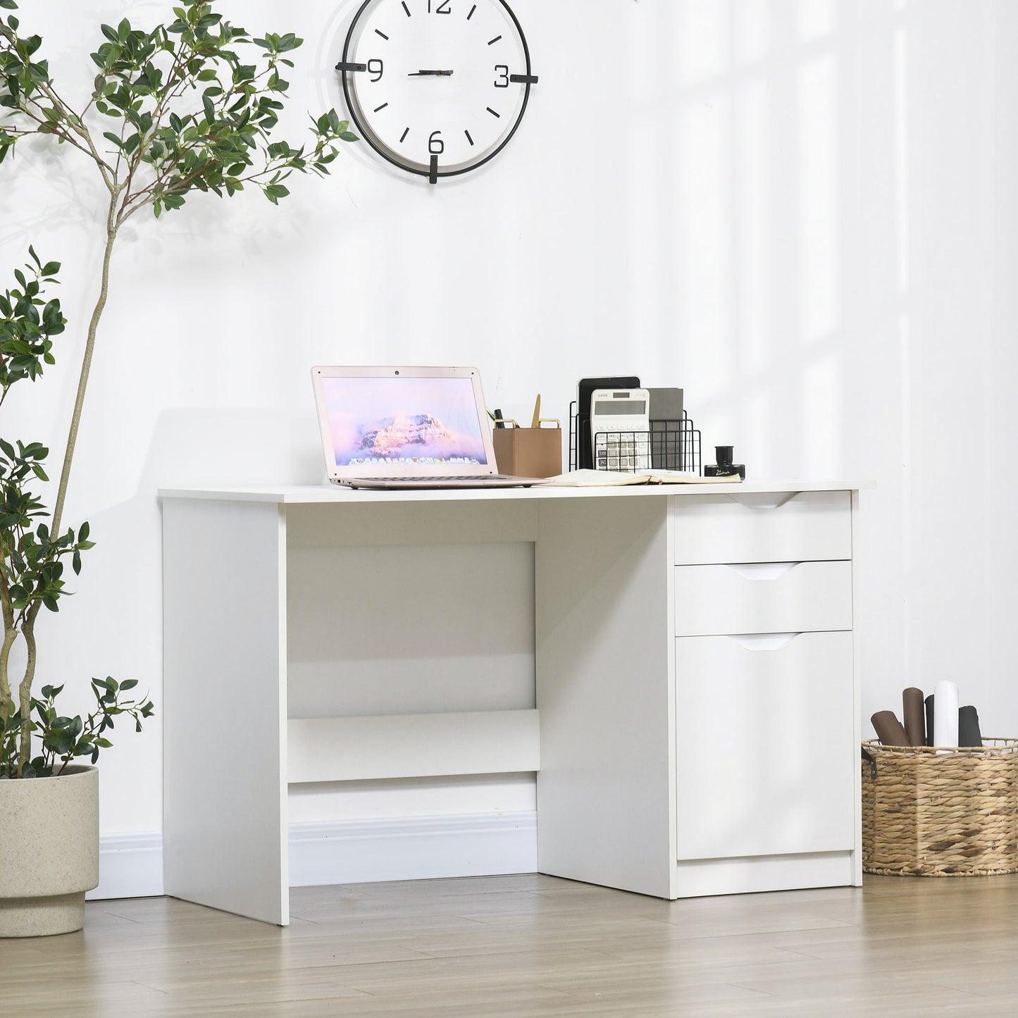 Computer Desk With Drawers, High Gloss Home Office Desk With Storage Cabinet, Study Workstation, 120 X 60cm, White