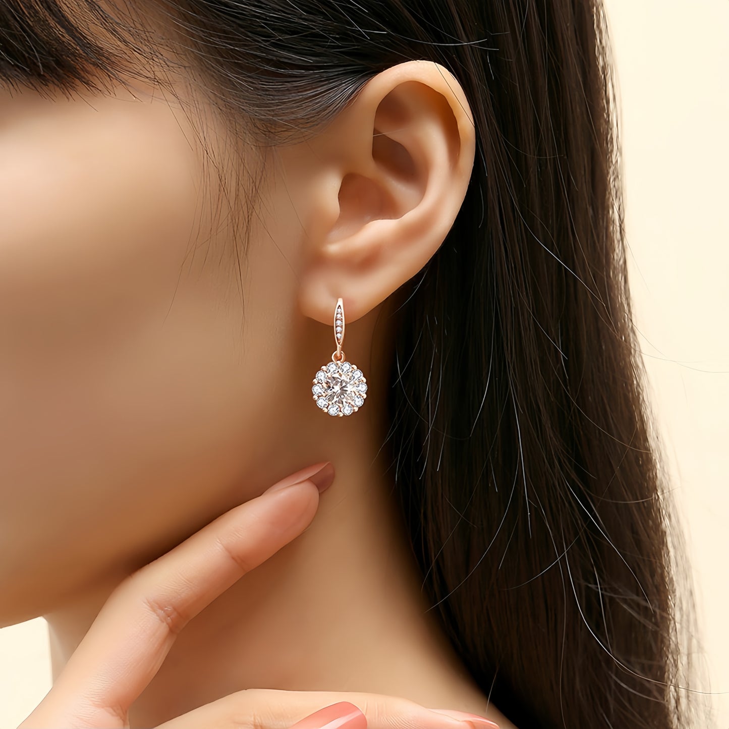 Sunburst Double Halo Round Clear CZ Leverback Dangle Drop Earrings For Women, Copper Rose Gold Plated Bridal Wedding Anniversary Fine Jewelry Gift