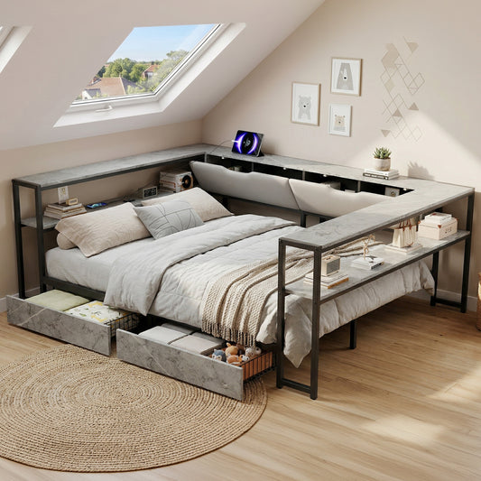 Upholstered Bed Sofa Bed Daybed 140x200 With USB&Typec Charging Station, Daybed, Youth Bed With 2 Drawers And Metal Slatted Base, Concrete Colour