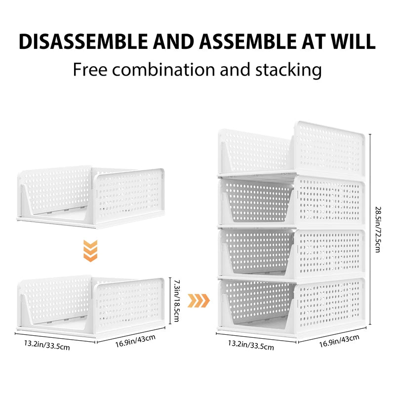 4-Pack Stackable Foldable Storage Drawers - White Large Capacity Closet Organizers for Bedroom, Kitchen, Home Plastic Bins