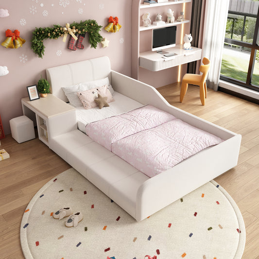 Upholstered Bed, Single Bed With Children's Desk And Stool, With Shelf, Soft Headboard, Children's Bed With Wooden Slats, Velvet, White, 90x200cm