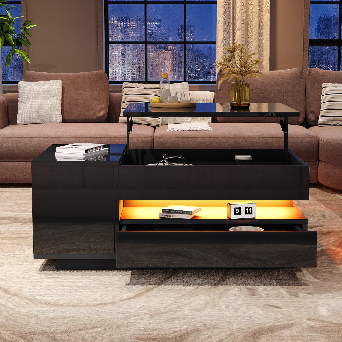 95X50X40cm Liftable Coffee Table, Living Room Table, Side Table, Coffee Table With 1 Drawer, 1 Cabinet, Sofa Table With LED, High Gloss Tea Table With Hidden Storage, Semi-Open Storage, Black