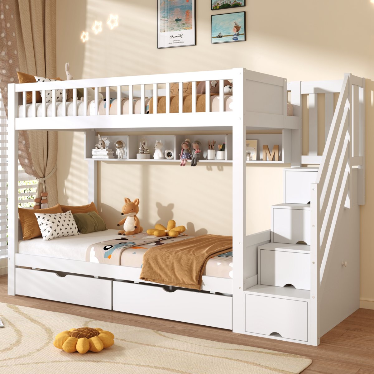 3ft Single Loft Bed With Under Bed Drawers, High-Quality Solid Wood Bunk Bed Frame With Integrated Stairway Storage, Shelving And Hidden Lockers, Safety Guardrails, White   No Mattress