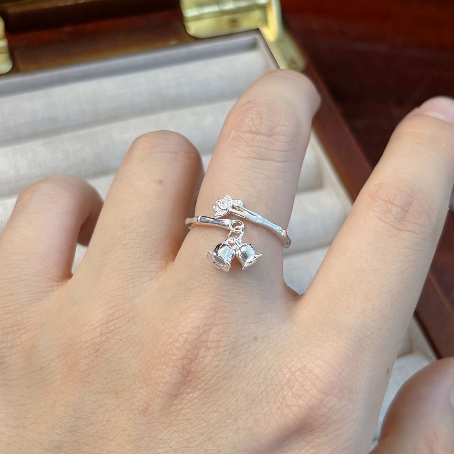 1pc 999 Sterling Silver Bamboo & Lily Of The Valley Charm Open Ring, Fresh Chinese Style, Perfect For Daily & Valentine's Gift