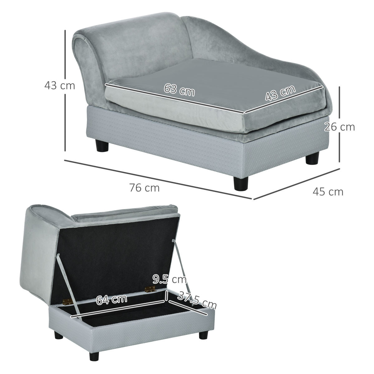 PawHut Pet Sofa Chair, With Storage, Cushion, For Small Dogs, Cats - Light Grey
