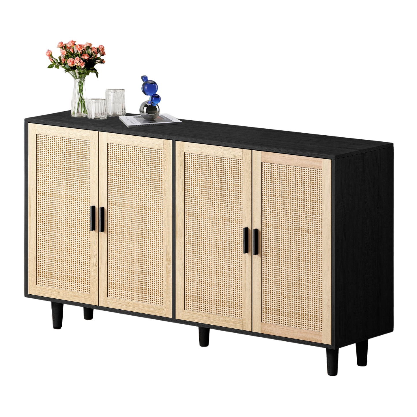 158CM Elegant And Functional 4-Door Rattan Decorative Storage Cabinet,for Bedroom,Living Room,Office,Black 158CM Elegant And Functional 4 Door Rattan Cabinet For Bedroom, Living Room, Office