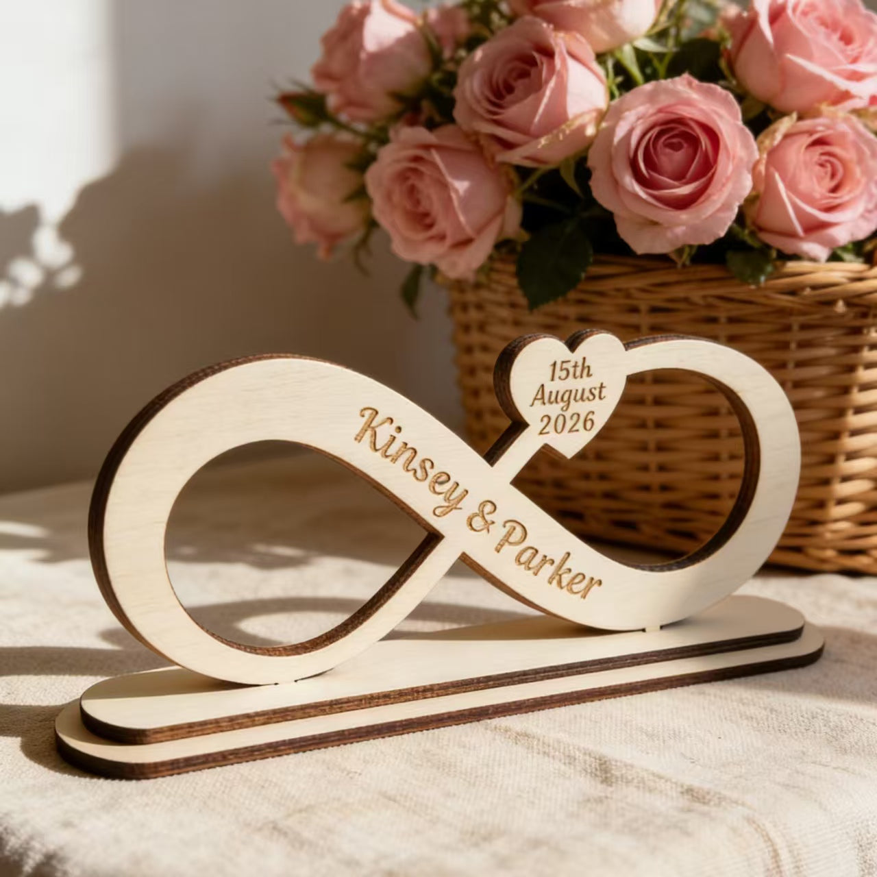 Custom Infinity Symbol Wood Table Sign With Base, Laser Engraved Names & Special Date Heart Wooden Ornament, Personalized Wedding Centerpiece Decor, Unique Anniversary Valentines Engagement Gift For C
