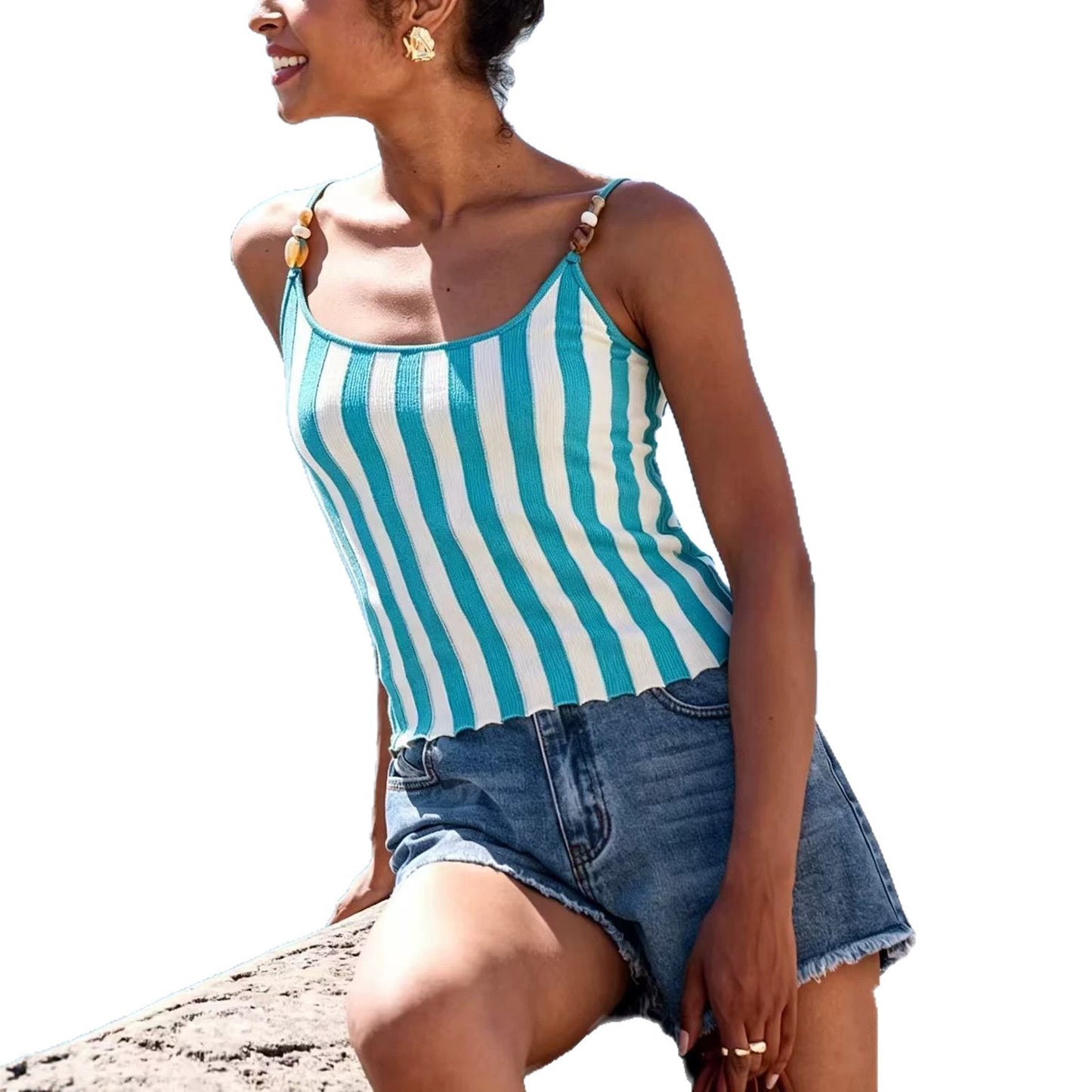 New Striped Knitted Camisole With Wooden-bead Straps For Women