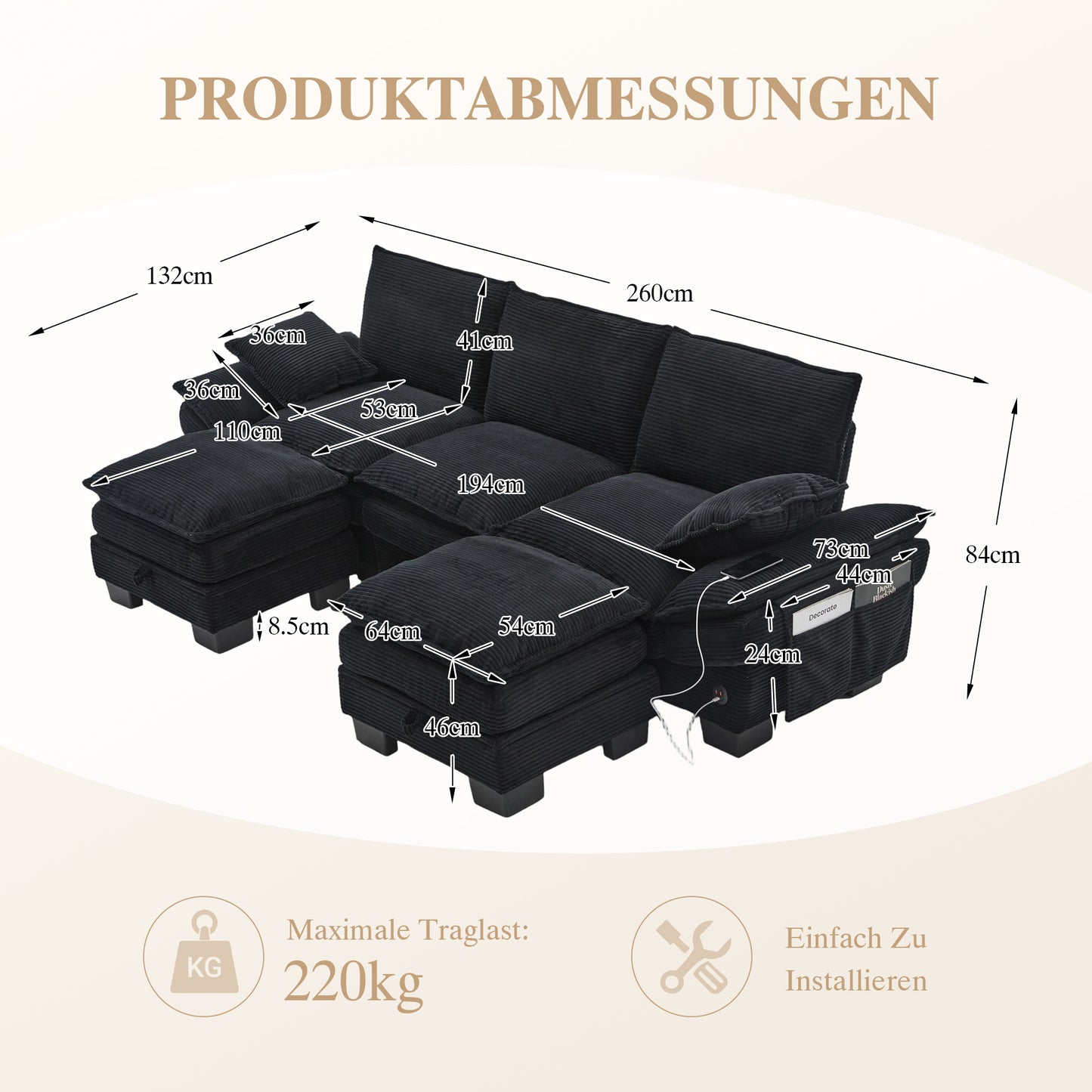Modular 3-seater Corduroy Sofa  With 2 Stools Wide Seat, Ergonomic Design, High-density Foam Padding, USB-C Port And Side Pockets.Ideal For Living Room, Office Or Lounge.Black