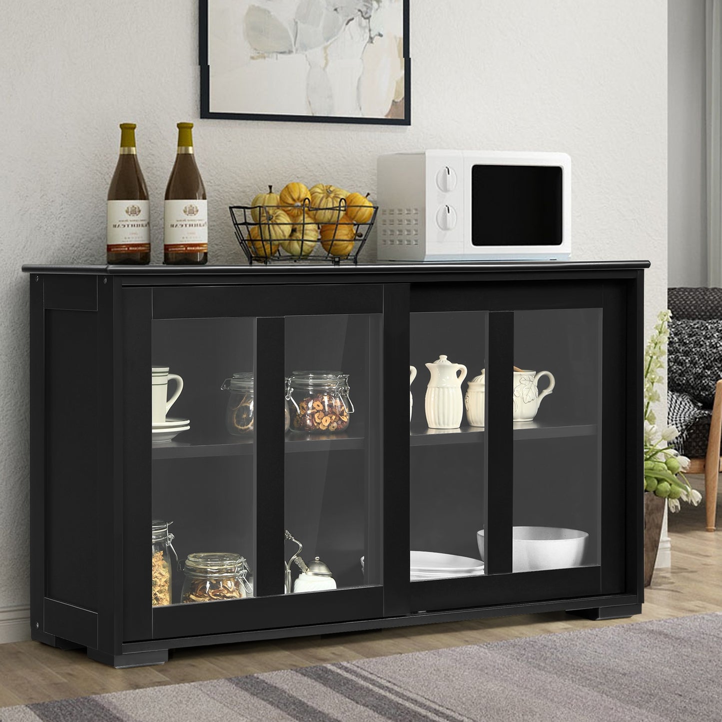Kitchen Storage Cabinet With Glass Sliding Door-Black