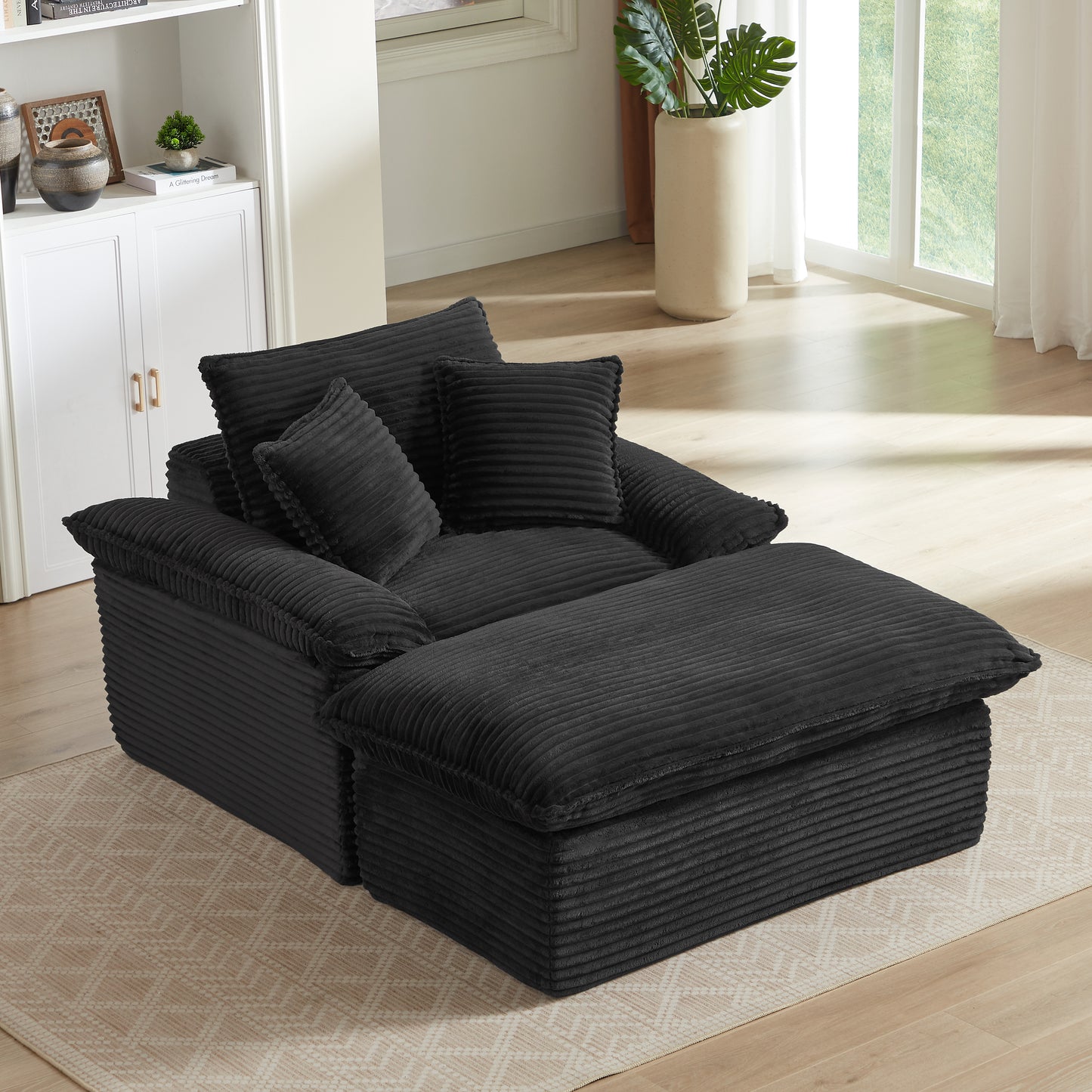 51.97 Inch Modern Comfortable Cushioned Compression Single Seat Sofa With Unique Footrest Design, Lounge Chair For Living Room, Bedroom, Apartment, Office, Black