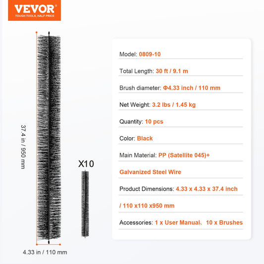 Gutter Brush, 30 Feet Total Length 4.33 Inch Diameter Gutter Cleaning Tools, Ground-Level Gutter Brush Leaf Guard For 5 Inch Gutters, Easily Clear Roof Leaves And Debris, 10 Pack