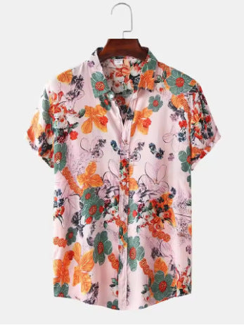 Retro-printed Short-sleeve Lapel-button Fashion Casual Jacket Shirt