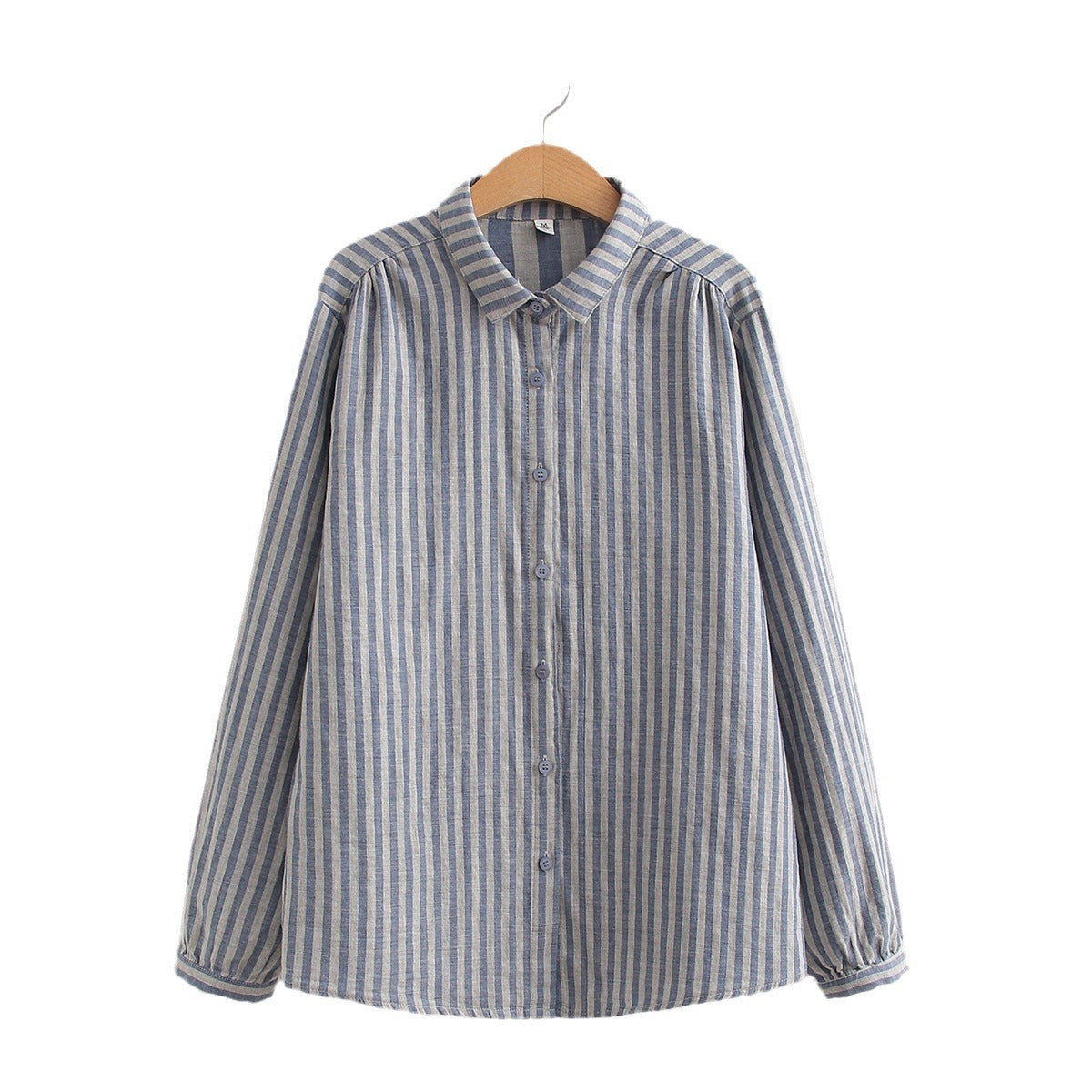Korean-style Striped Cotton-linen Single-breasted Long-sleeve Shirt For Women