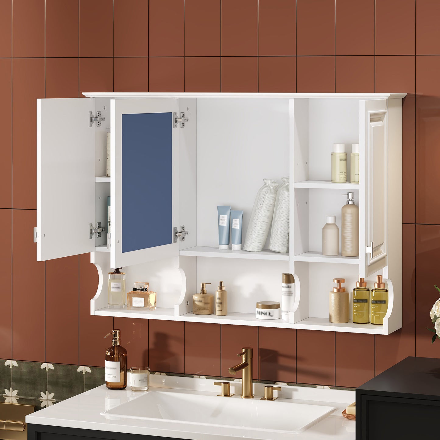 41 Inch Mirror Medicine Cabinet With Open Shelves, Wall Mounted Home Storage With Doors & Mirror, Adjustable Shelf, Bathroom Storage Cabinet Over Toilet