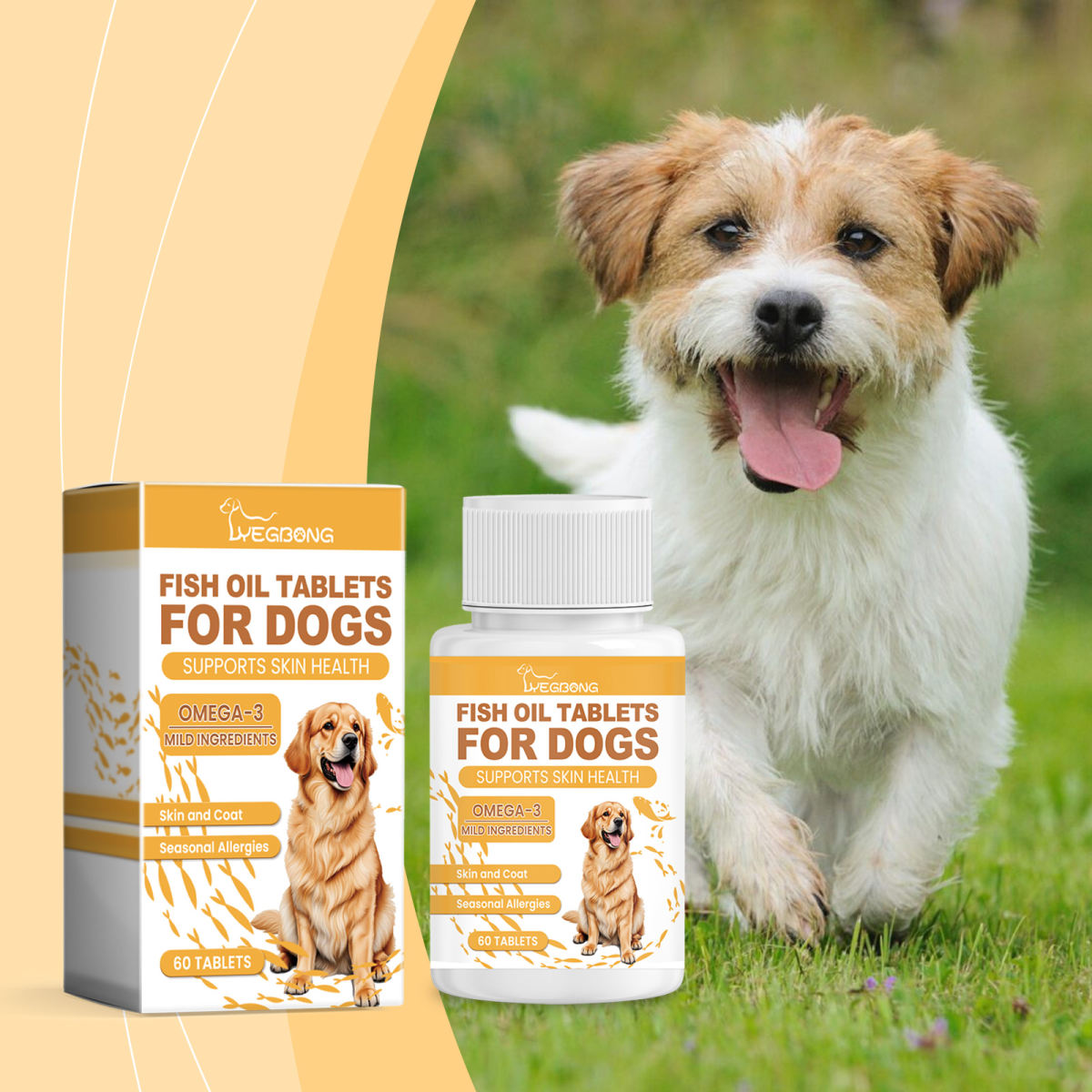 Dog Fish Oil Chewable Tablets,3 Skin & Coat Supplement For Itchy Skin, Seasonal Allergies, Support Bone, Digestion & Reproductive Health, 60 Tablets