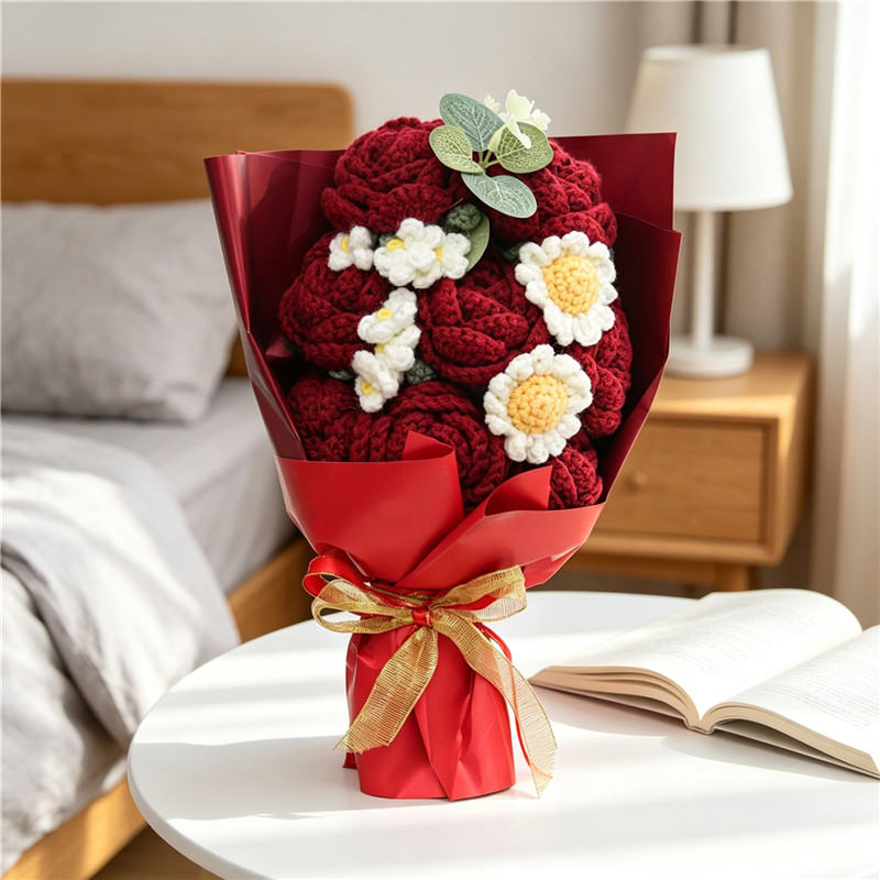 Handmade Crochet Flower Bouquet, Burgundy Roses Paired With  Crochet Flowers, Soft Yarn Everlasting Crochet Bouquet, Indoor Home Decorative Ornament