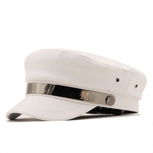 Women's PU Leather Metal M Label Retro Style British Fashion Cool And Bold Peaked Cap Suitable For Outdoor Outings And Simple Outfit