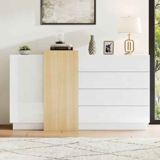 White High-Gloss Sideboard Cupboard With 4 Drawers, Modern Dining Room Large Display Storage Cabinet With 2 Doors, Natural Wood Color,Unit For Living Room Kitchen And Bedroom,140 X35x76.5 Cm
