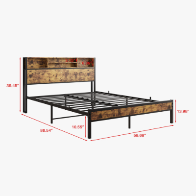 Queen Bed Frame With Storage Headboard, Metal Platform Bed With Charging Station, Bookcase Storage, No Box Spring Needed, Easy Assembly, Noise-Free, Black